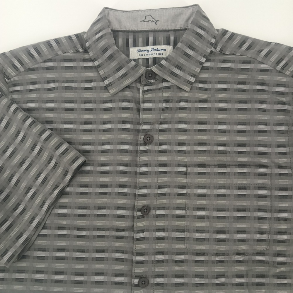 Tommy Bahama The Coconut Point IslandZone Grey Plaid Shirt Mens M Short Sleeve